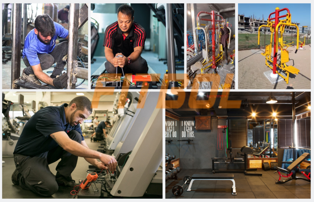 Collage of FITBOL gym equipment manufacturing and installation process, featuring skilled technicians working on machines, assembling outdoor fitness equipment, and showcasing completed modern indoor and outdoor gym setups.