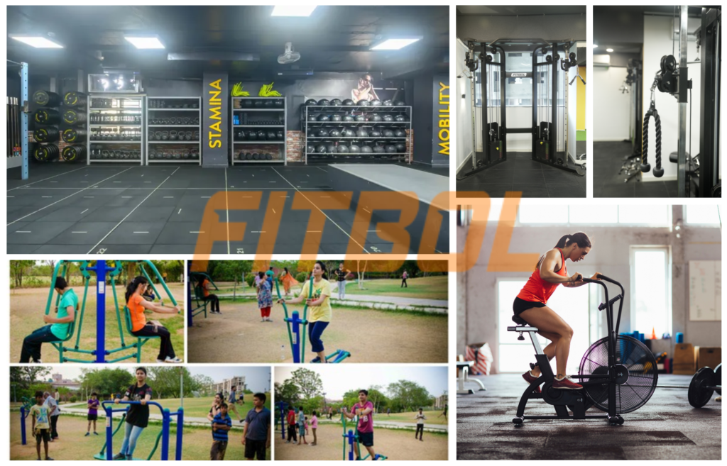 Collage of FITBOL gym and outdoor fitness solutions, featuring a well-equipped indoor gym with weights and mobility training areas, outdoor fitness equipment in parks with children and adults exercising, and a woman using an air bike in a modern gym setup.